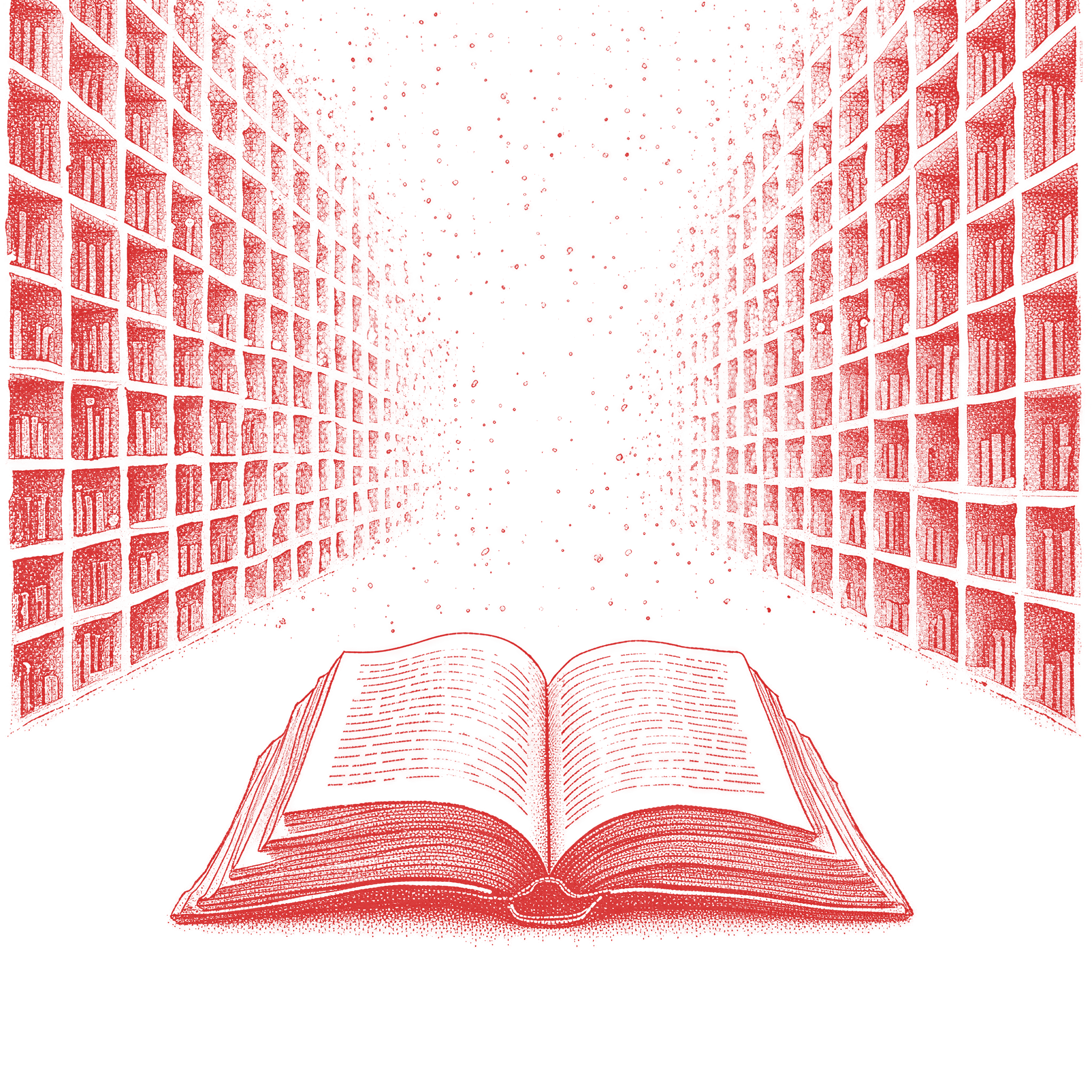 An open book opening onto an endless library of books