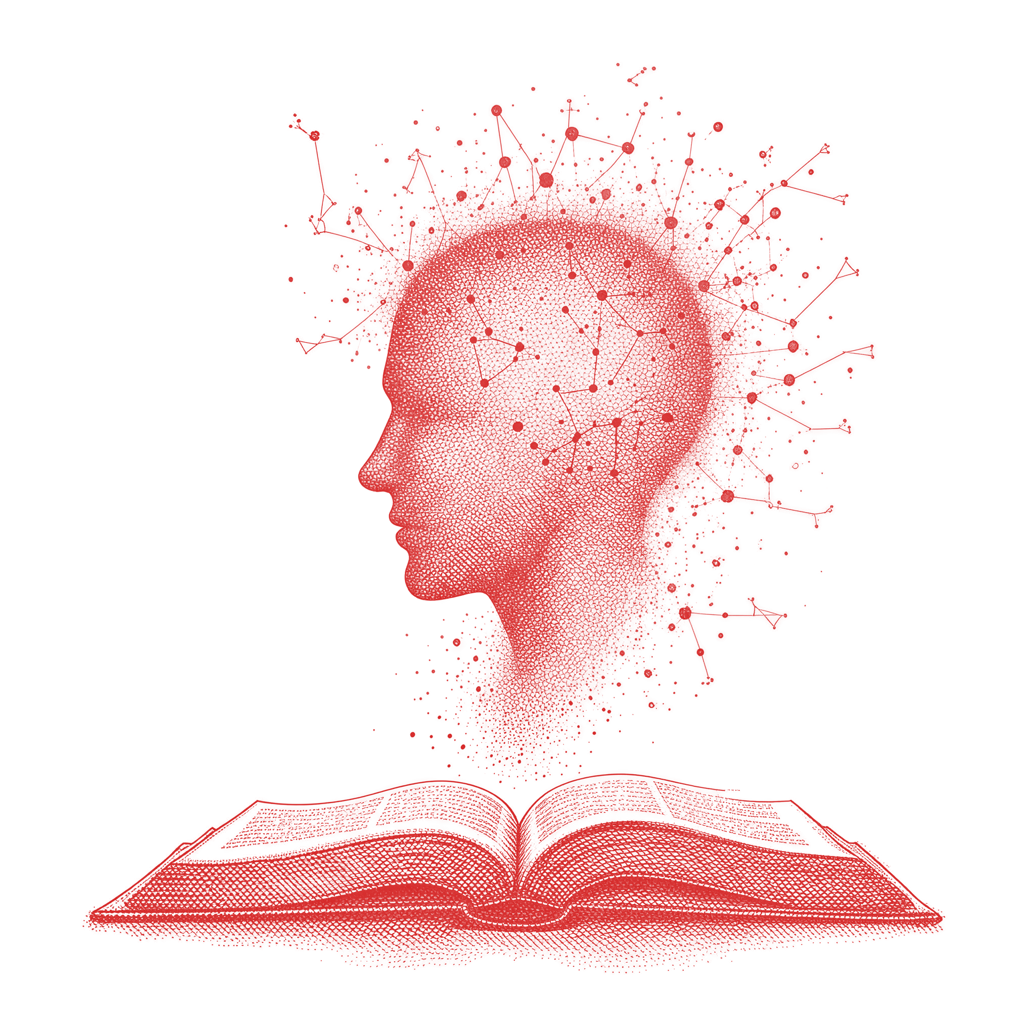 A head in profile filled with linked stars rising from an open book