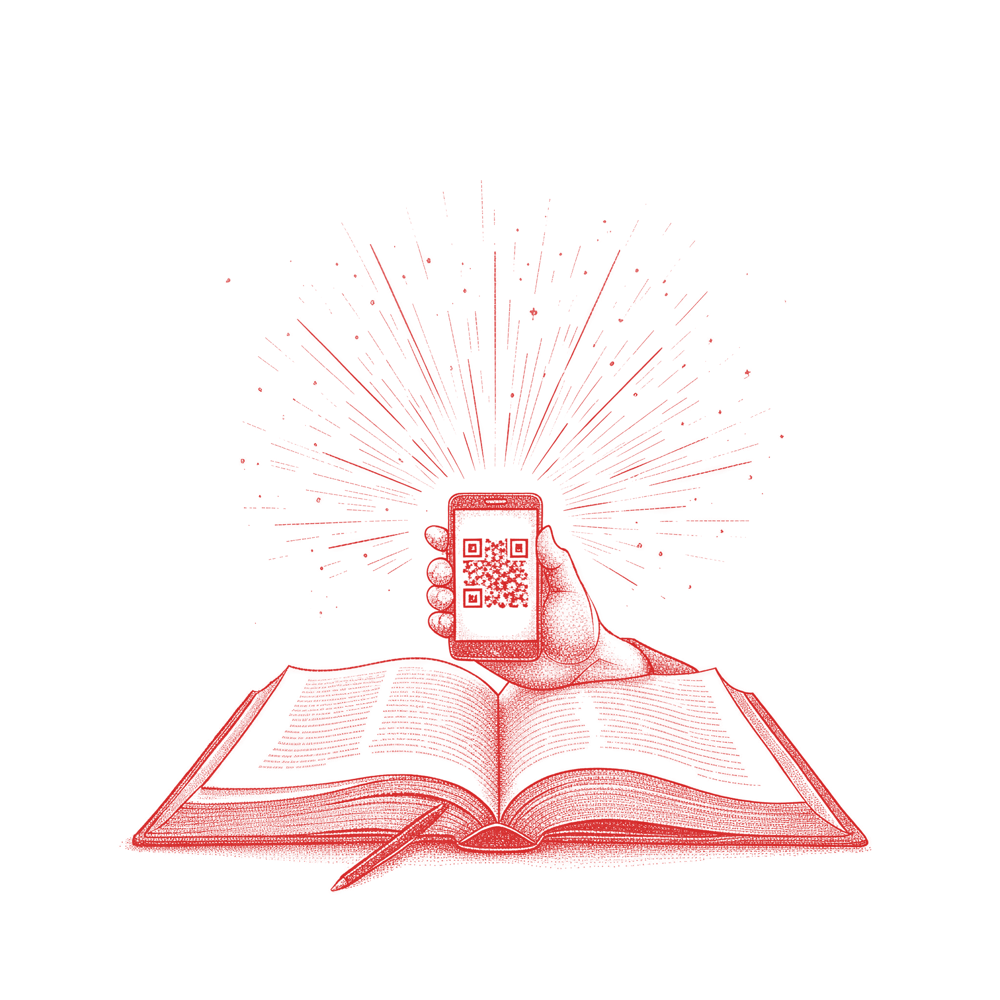 A hand lifts a phone above an open book; light radiates as the page wakes